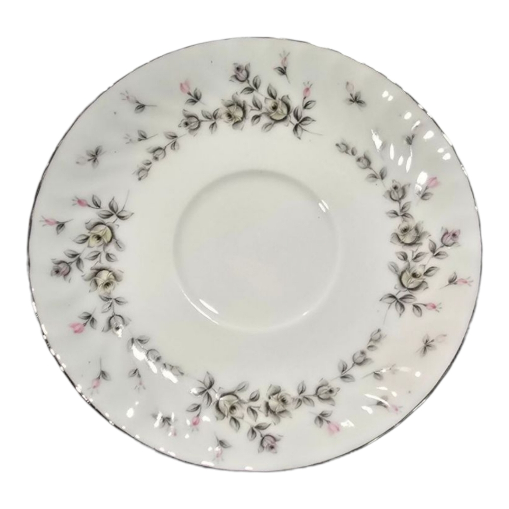 Style House Picardy Tea Saucers Set of 11 Bone China Silver Trim Floral Rosebud‎